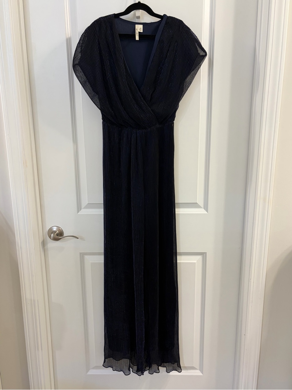 Francesca’s Miami Navy Blue Metallic Lined Plisse Jumpsuit